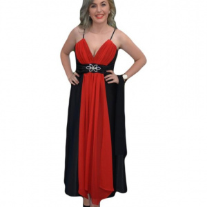 Rochie de seara lunga, neagra, din saten, cu verde sau cu rosu