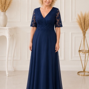 Rochie de seara lunga, nuanta bleumarin, din voal si dantela