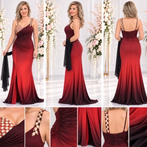 Rochie de seara lunga, rosie, cu insertii de strass-uri mari multicolore - Img 2