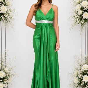 Rochie de seara lunga, verde, decolteu in V, bretele subtiri