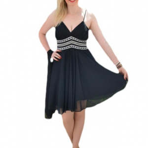 Rochie de seara scurta neagra, cu talie marcata de detalii argintii - Img 1