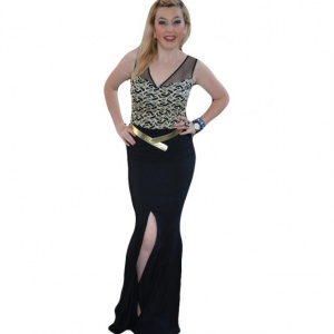 Rochie de seara tip sirena, neagra cu broderie aurie, curea in talie - Img 1