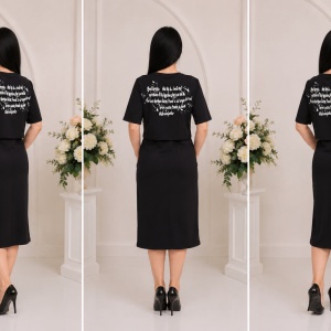 Rochie de tineret cu maneca scurta, bleumarin, cu imprimeu alb - Img 2