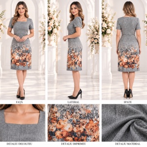 Rochie de vara culoare kaki cu bordura de imprimeu floral colorat - Img 2
