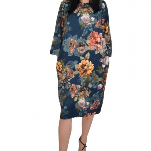Rochie de zi Fevine cu model floral tip mozaic pe fundal bleumarin - Img 1