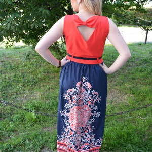 Rochie deosebita de culoare bleumarin-corai, cu curea aplicata - Img 5