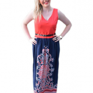 Rochie deosebita de culoare bleumarin-corai, cu curea aplicata - Img 1
