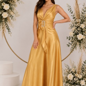 Rochie deosebita de gala, design modern, cu trena, din saten auriu