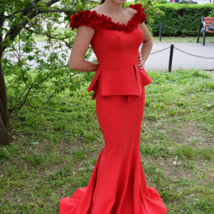 Rochie deosebita de seara, rosie, tip sirena cu peplum in talie - Img 3