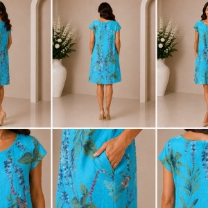 Rochie din In Turcoaz cu Imprimeu Floral și Buzunare Laterale - Img 2