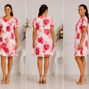 Rochie Dreaptă Damă cu Imprimeu Floral Roz – Rochie Lejeră de Vară cu Mânecă Scurtă - Img 2