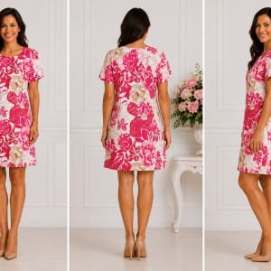 Rochie Dreaptă Damă cu Imprimeu Floral Roz-Pudra - Img 2