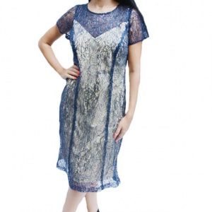 Rochie elegant de zi ,nuanta bleumarin-bej - Img 1