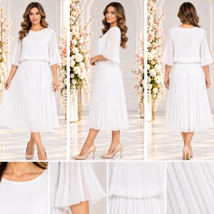 Rochie elegantă alba plisată, vaporoasă, cu mâneci 3/4 - Img 2