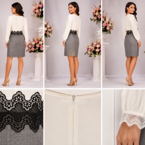 Rochie Elegantă Bicoloră Crem-Gri cu Inserție Amplă din Dantelă Neagră - Img 2