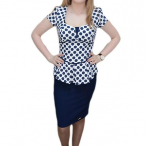 Rochie eleganta bleumarin-alb, tip costum, cu peplum in talie - Img 1