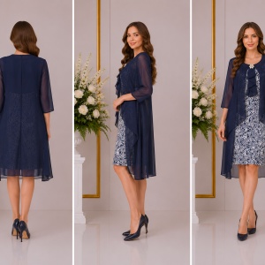 Rochie eleganta cu design din voal, nuanta bleumarin-alb - Img 3