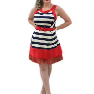 Rochie eleganta, cu dungi bleumarin-albe si contur rosu - Img 1
