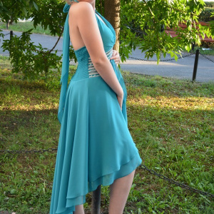 Rochie eleganta, culoare turcoaz, model scurt in fata lung in spate - Img 7