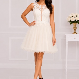 Rochie eleganta de ocazie din tull cu insertii de dantela si margele de culoare bej