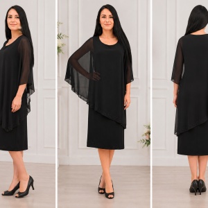 Rochie eleganta din material elastic si voal lejer aplicat, neagra - Img 3