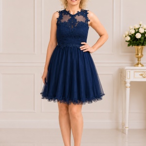 Rochie eleganta din tul bleumarin cu aplicatii de broderie