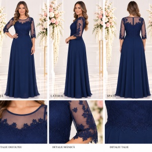 Rochie eleganta din voal combinat cu dantela eleganta, bleumarin inchis - Img 2