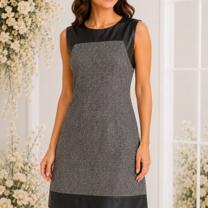 Rochie elegantă gri-negru cu inserții contrastante