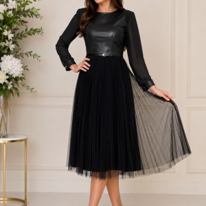 Rochie elegantă neagră cu fustă plisată din tull
