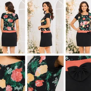Rochie elegantă neagră cu imprimeu floral și fundă decorativă - Img 2