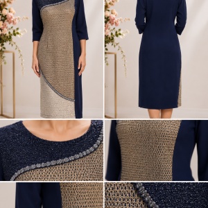 Rochie fashion de culoare bleumarin combinata cu insertii aurii - Img 3
