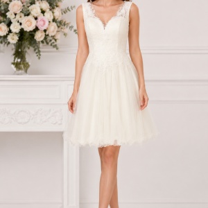 Rochie fashion de seara de culoarea perlei, din tul cu dantela fina