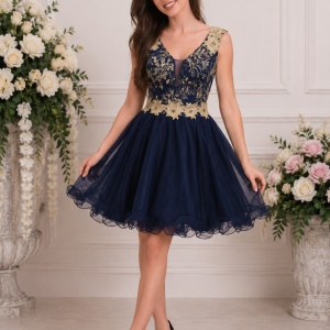 Rochie fashion din tul nuanta bleumarin cu broderie aurie
