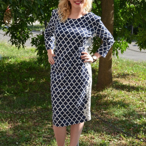 Rochie feminina, bleumarin-alb si inserti de dantela - Img 4