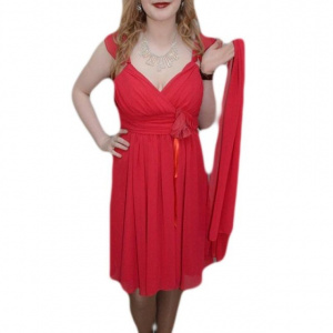 Rochie in nuanta de rosu, bretele interesante, floare aplicata - Img 1
