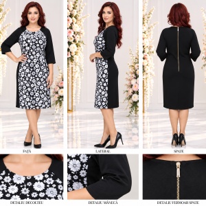 Rochie la moda, nuanta de negru-alb, imprimeu cu flori trendy - Img 2