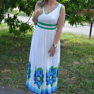 Rochie lejera de vara, flori verzi pe fond alb, model lung - Img 6