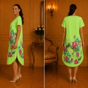Rochie lejeră din in și bumbac cu imprimeu floral –verde fistic, croi confortabil de vară - Img 3