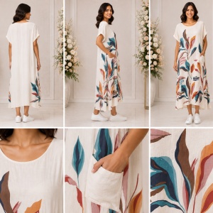 Rochie lungă crem cu imprimeu floral abstract și buzunar lateral - Img 2