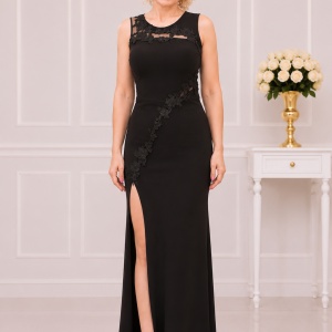 Rochie lunga de seara, neagra, cu aplicatii de tul transparent