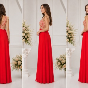 Rochie lunga de seara nuanta rosie cu aplicatii de dantela aurie - Img 3