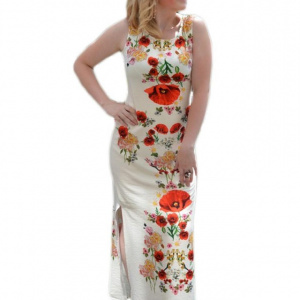 Rochie lunga de zi din in, de culoare bej cu imprimeu floral - Img 1