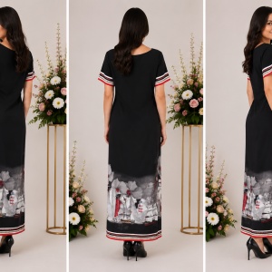 Rochie lunga de zi,Suze cu imprimeu cu flori,nuanta de negru - Img 2