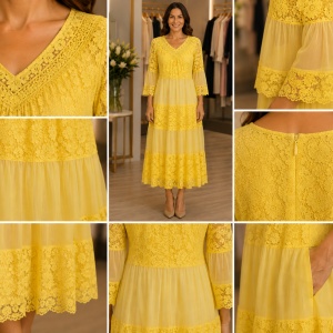 Rochie Lungă Elegantă din Dantelă Galbena cu Mâneci 3/4 și Decolteu în V - Img 3
