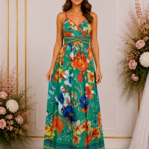 Rochie lungă florală verde cu bretele și talie evidențiată
