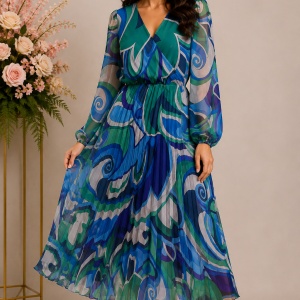 Rochie midi plisată albastră cu imprimeu abstract și mâneci semi-transparente
