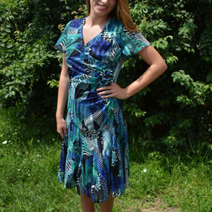 Rochie multicolora cu maneca scurta si fronsata la abdomen - Img 2