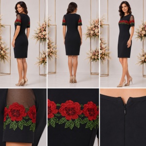 Rochie neagră elegantă cu broderie florală roșie și inserții din voal - Img 2