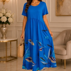 Rochie Raelynn albastru regal, lejeră cu imprimeu colorat și buzunar decorativ