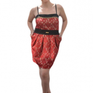 Rochie rafinata de seara, din dantela rosie pe fond bej, model scurt - Img 1